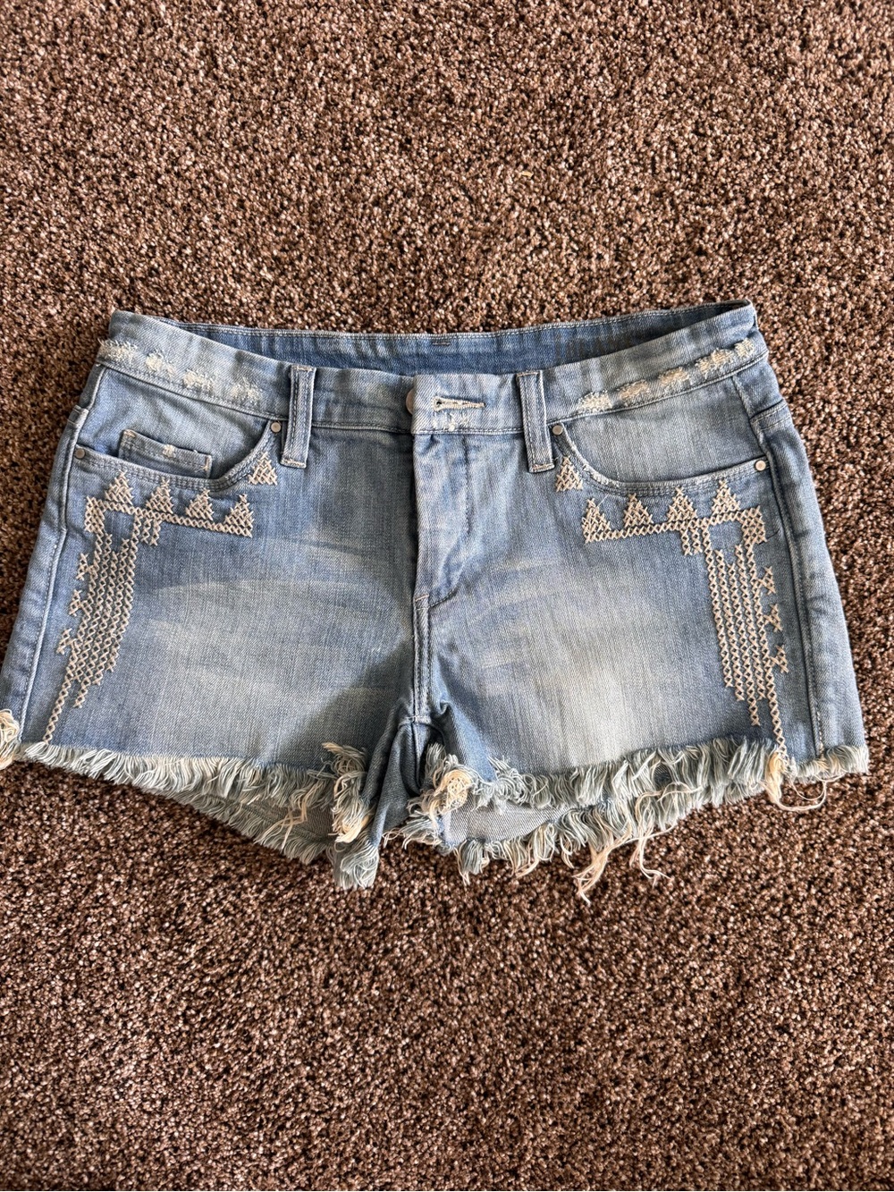BLANKNYC Light Blue Embroidered Fringe Denim Shorts